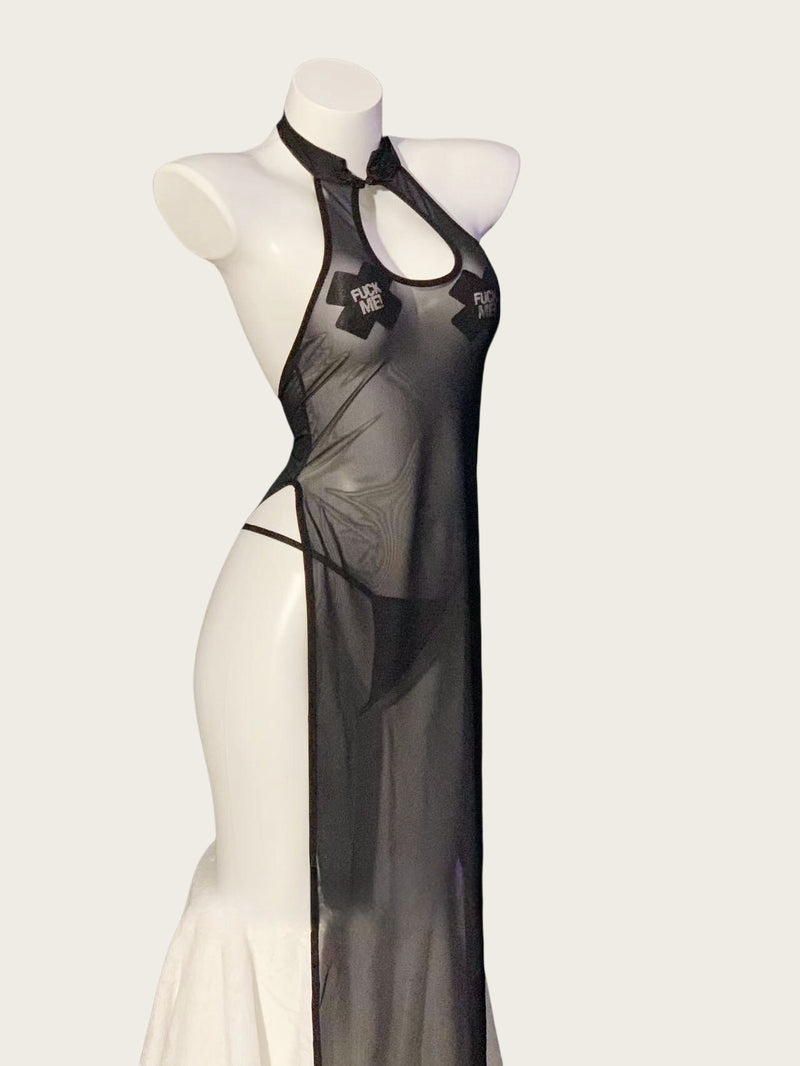 Sheer Mesh High-Slit Vintage-Inspired Lingerie Dress（with Stockings）