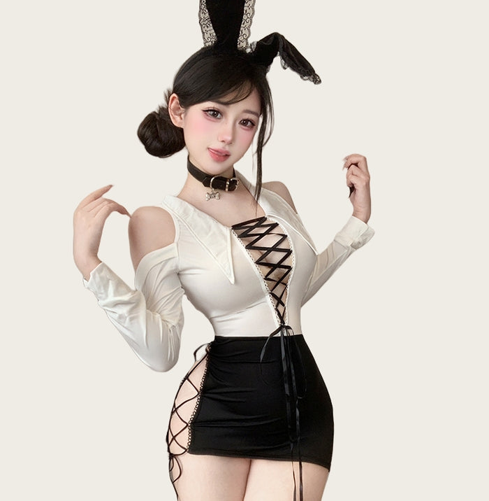 Deep V-Neck Tie-Front Bodycon Sexy Secretary Set with Stockings