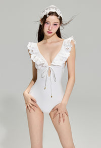 White Embroidered Deep V One-Piece Swimsuit
