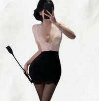Sexy secretary-style deep V lace bodycon dress
