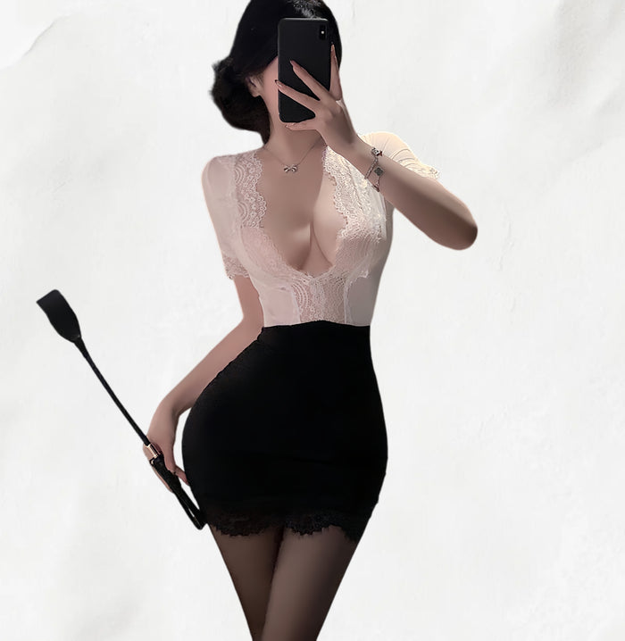 Sexy secretary-style deep V lace bodycon dress