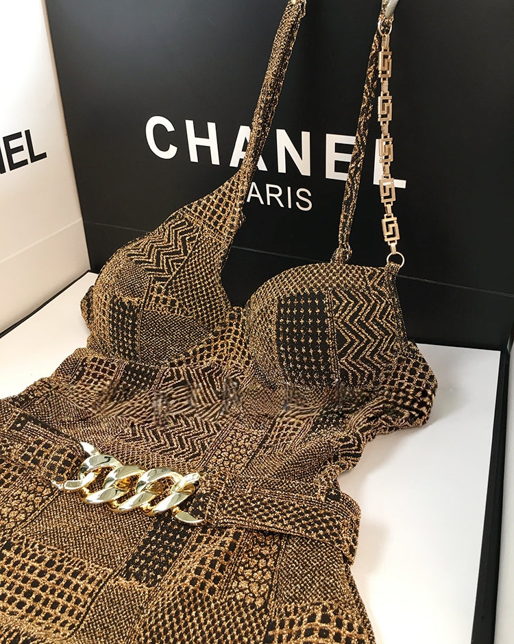 Black &amp; Gold Luxe One-Shoulder Swimsuit