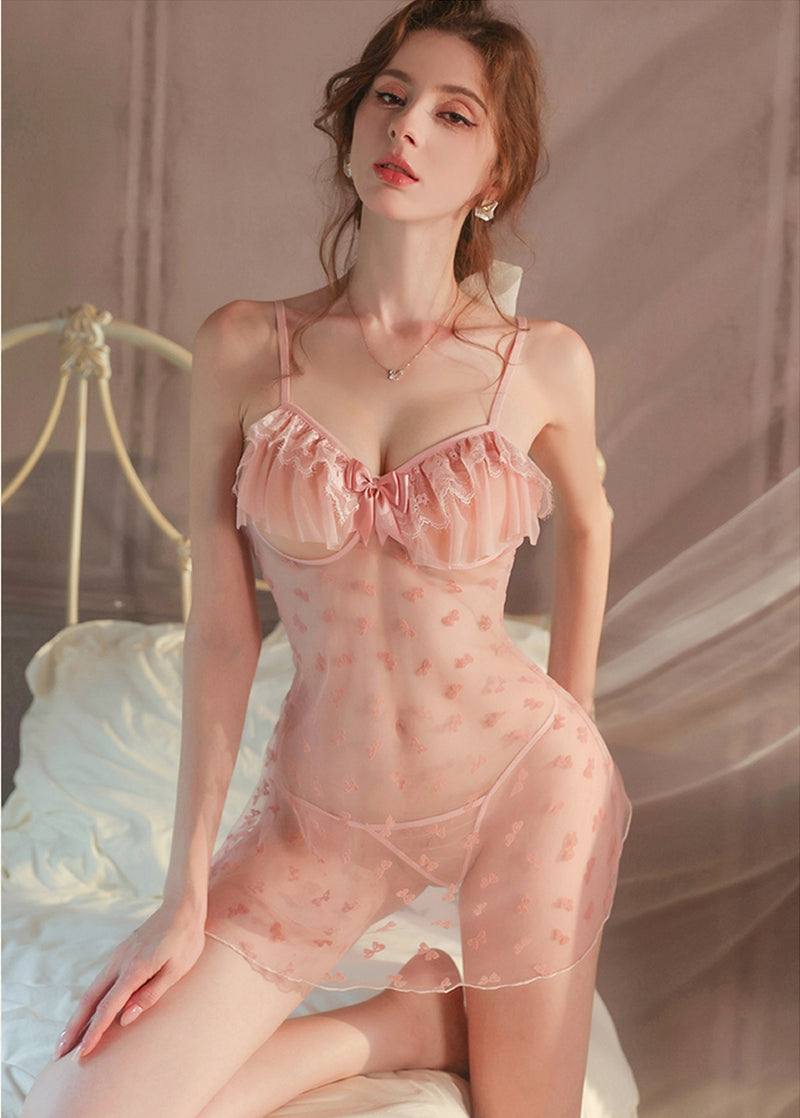 Sweet Allure Sheer Velvet Strap Nightdress Set with Thong