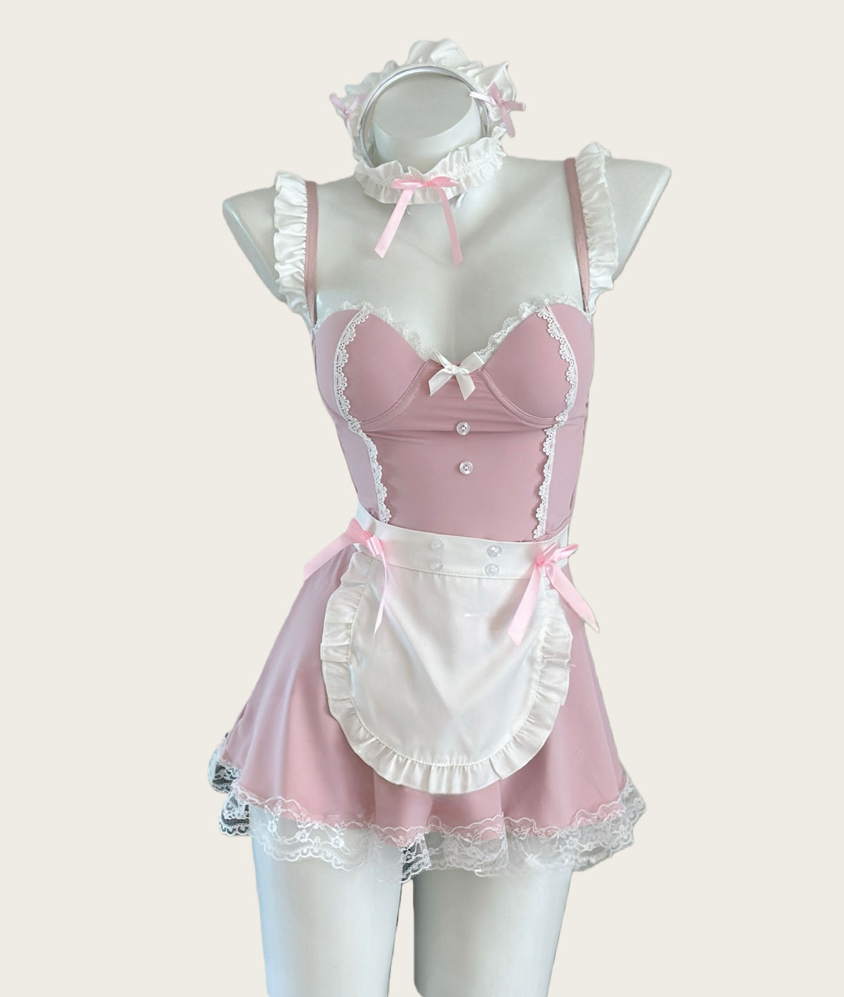 Sweet maid-style open-back lingerie set with built-in padding