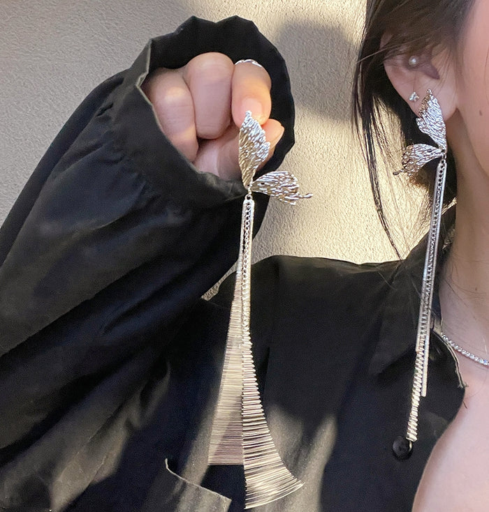 Korean 925 Silver Butterfly Wing Tassel Earrings