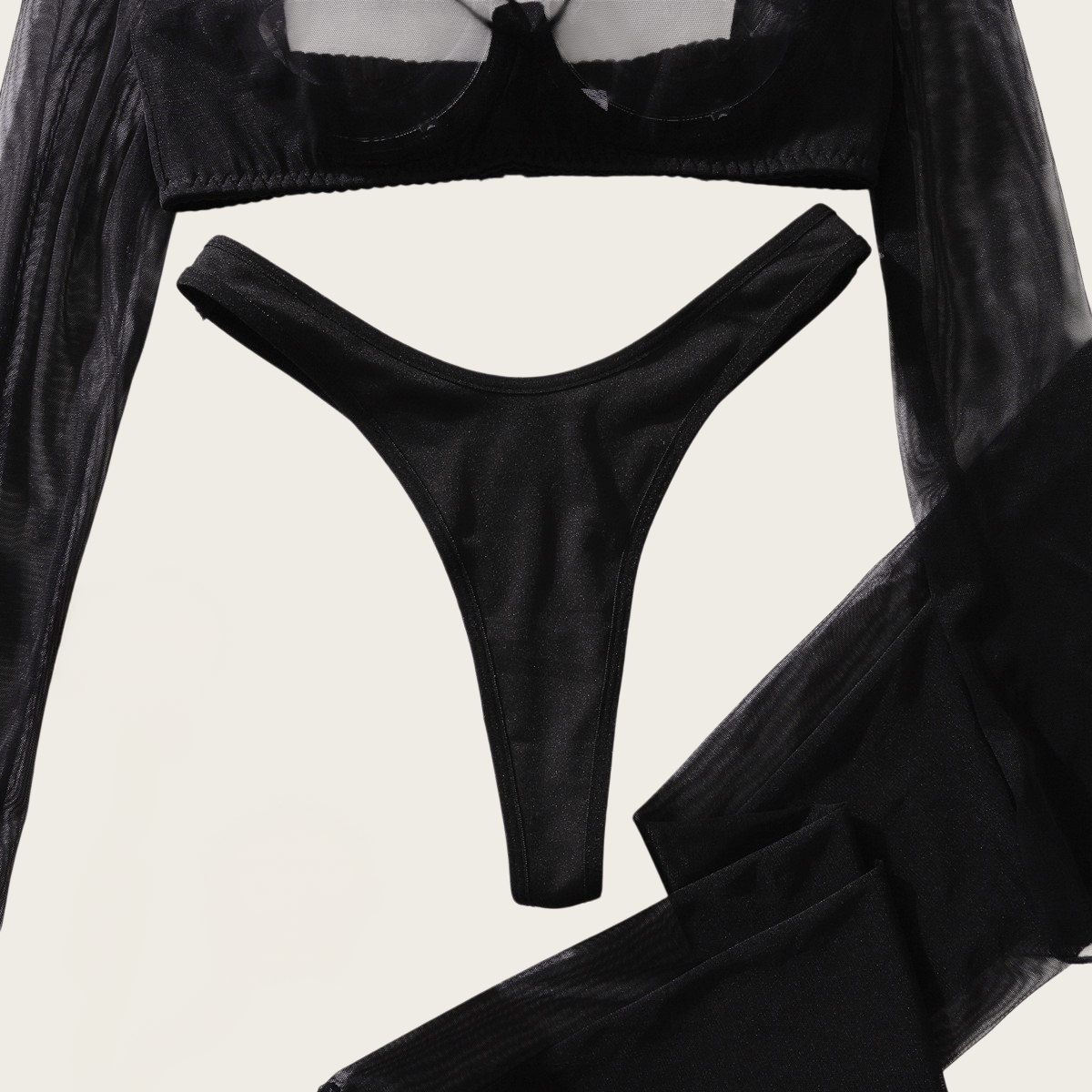 Sheer Long Sleeve Crop Top &amp; Stocking Set