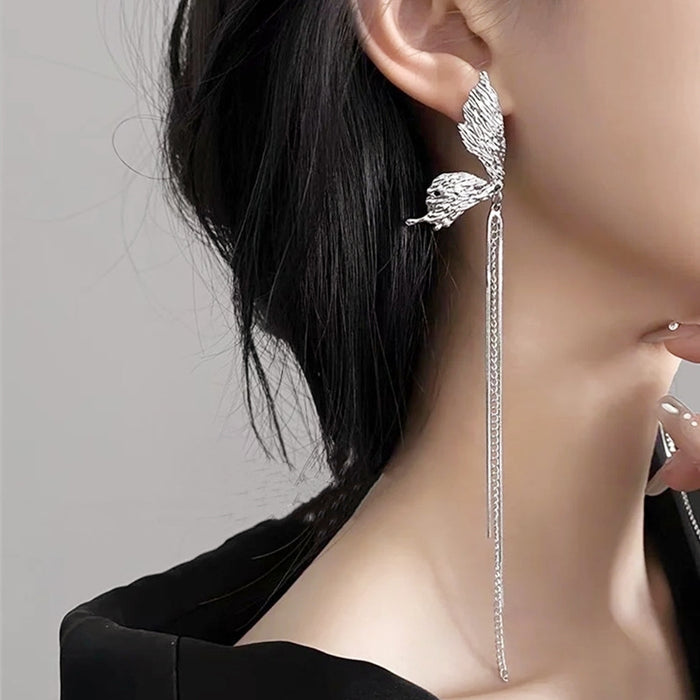Korean 925 Silver Butterfly Wing Tassel Earrings