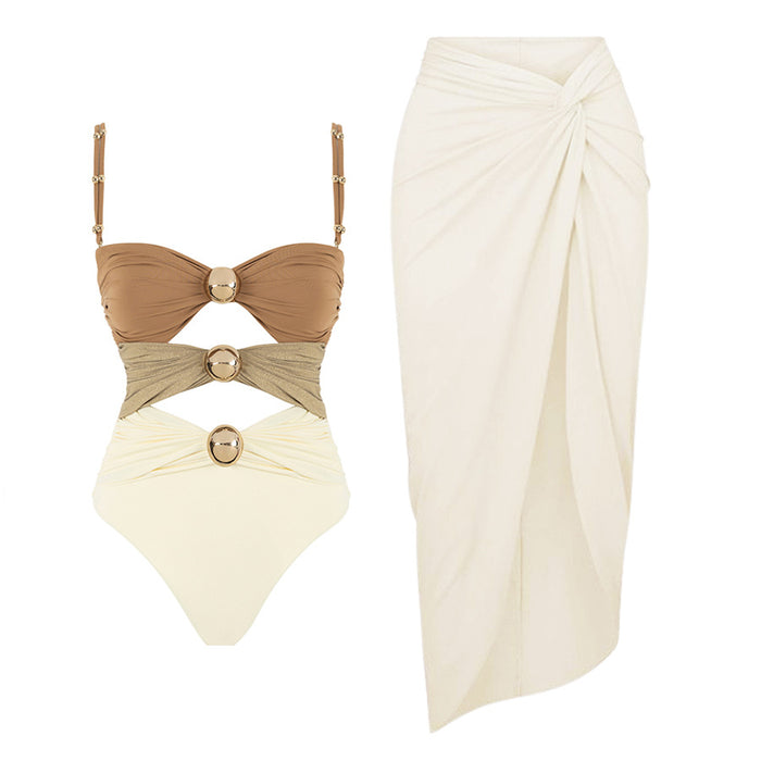 Ombre Strapless One-Piece Swimsuit + Slit Maxi Skirt (2-Piece Set)