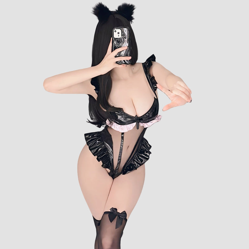 PU Patchwork Mesh Ruffled Bodysuit Lingerie