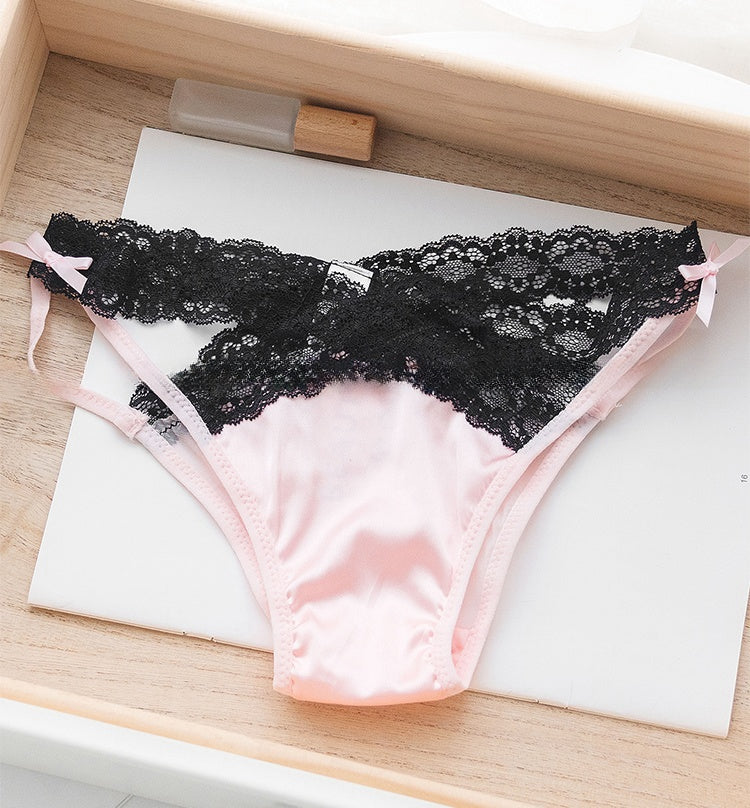 Luxury Satin and Sheer Mesh Cross-Strap Low-Rise Panties