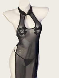 Sheer Mesh High-Slit Vintage-Inspired Lingerie Dress（with Stockings）