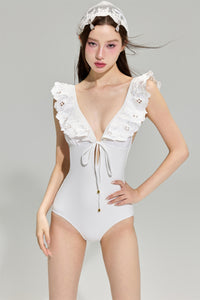 White Embroidered Deep V One-Piece Swimsuit