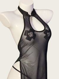 Sheer Mesh High-Slit Vintage-Inspired Lingerie Dress（with Stockings）