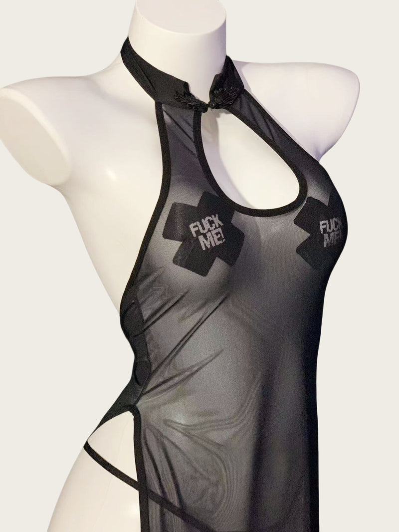 Sheer Mesh High-Slit Vintage-Inspired Lingerie Dress（with Stockings）