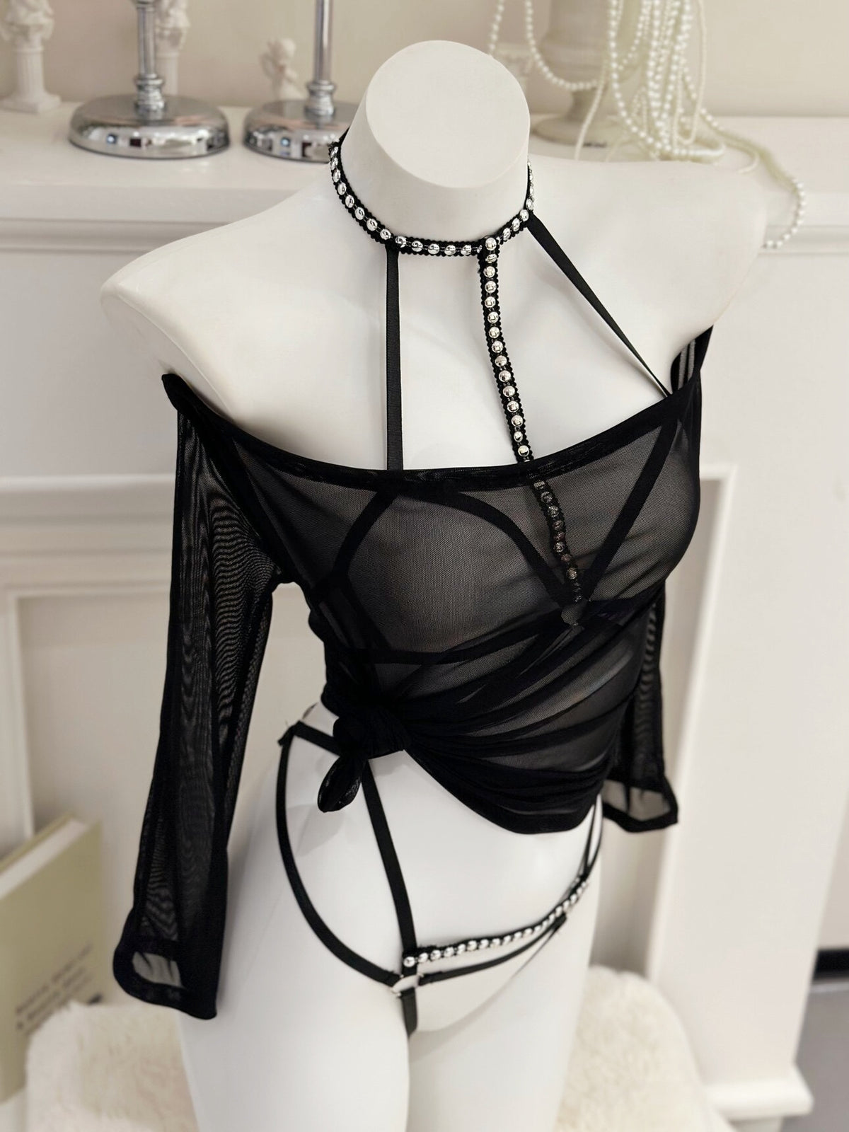 Black Sheer Mesh Halter Tie Lingerie