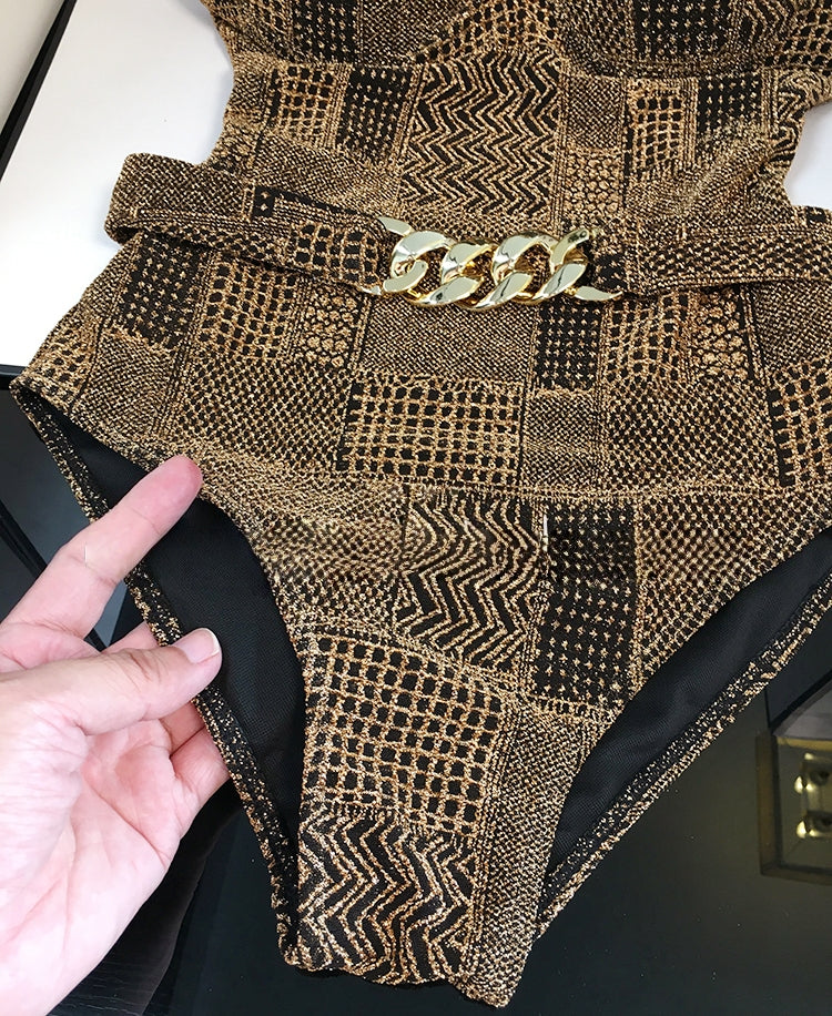 Black &amp; Gold Luxe One-Shoulder Swimsuit