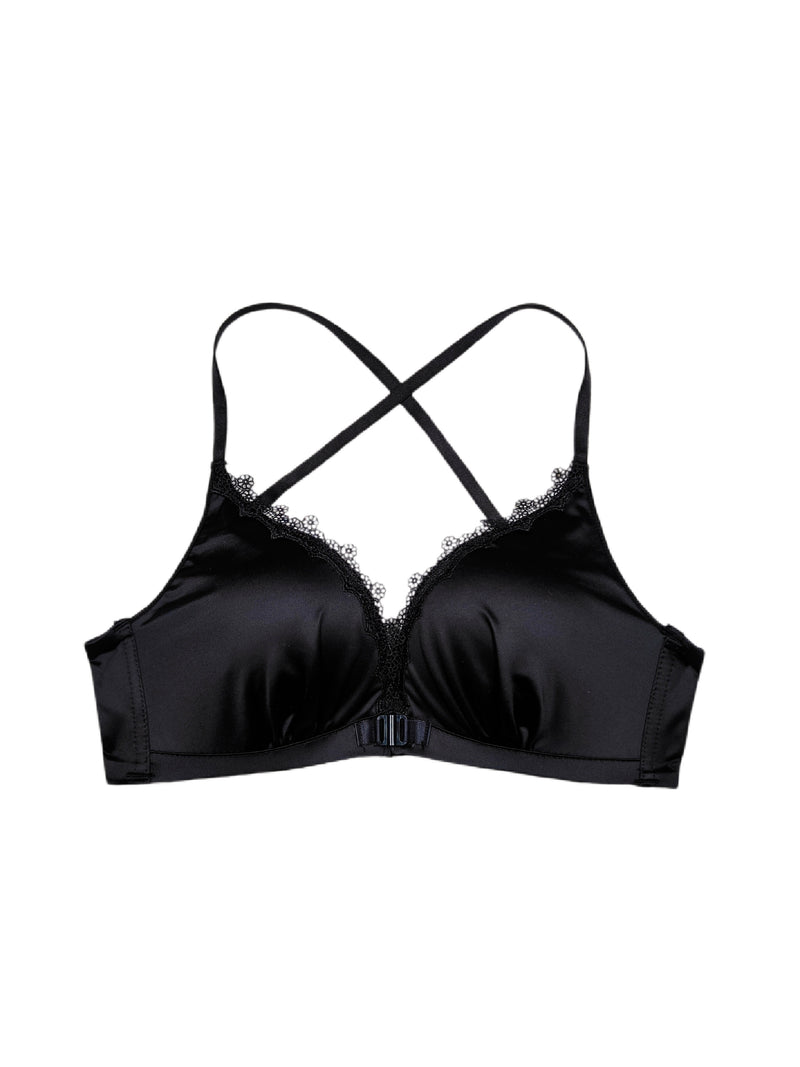 Golden Satin Cross-Back Front-Closure Bra